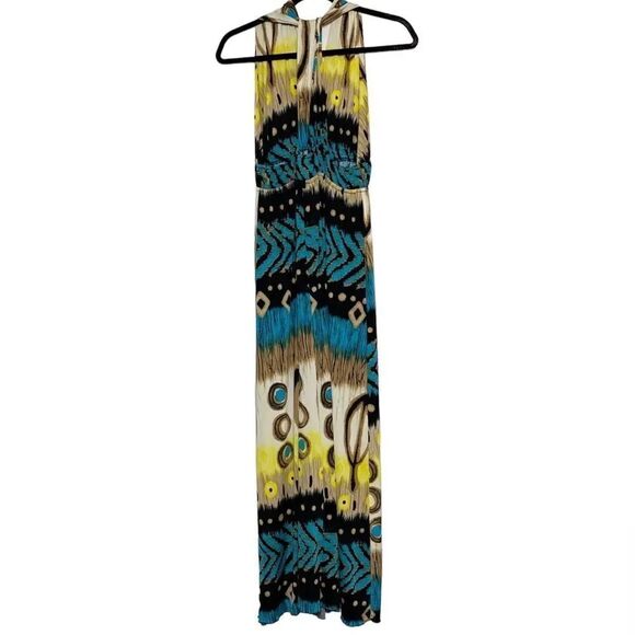 Peacock Stretchy V Neck Floor Length Maxi Dress Blue and Yellow Medium - Picture 4 of 5